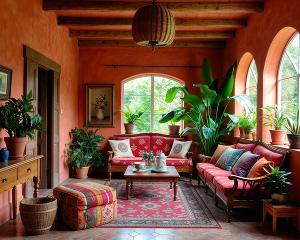 Colorful Mediterranean-style living room with terracotta walls, wooden ceiling beams, red patterned sofas, lush indoor plants, arched windows, and eclectic decor.
