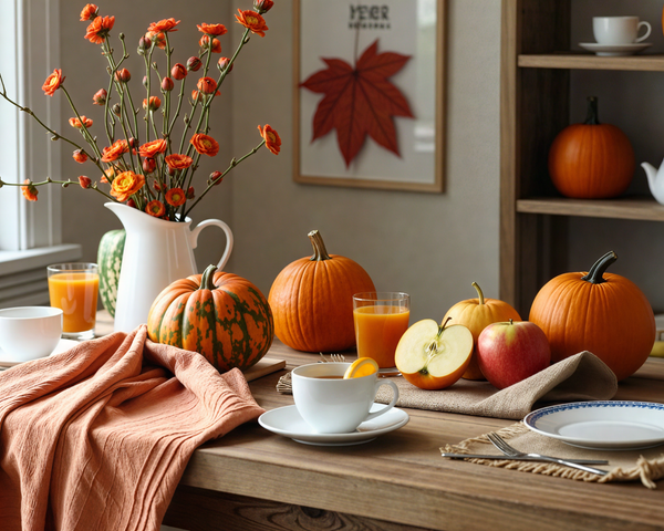 Autumn kitchen table decorated with pumpkins, fresh apples, orange juice, and a white teacup with citrus slice, styled with an orange linen cloth, vase of orange flowers, and warm fall décor for a festive seasonal morning setup.