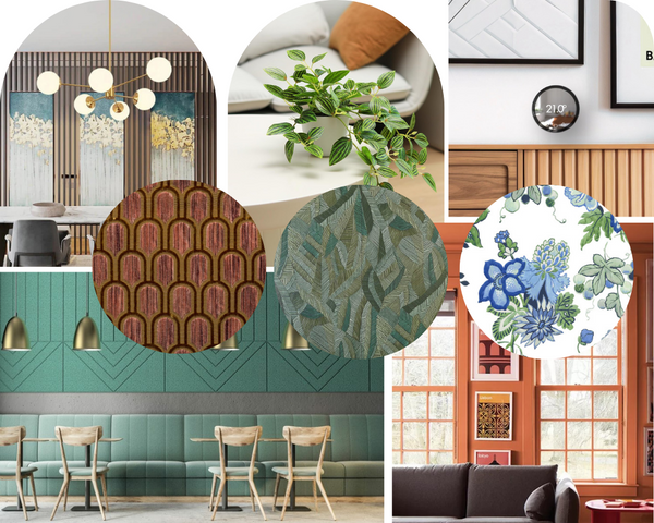 top 10 interior design trends of 2024 blog cover showing wallcovering, tiles and fabric in different prints, lighting ficture that are mid century modern and home technology gadgets