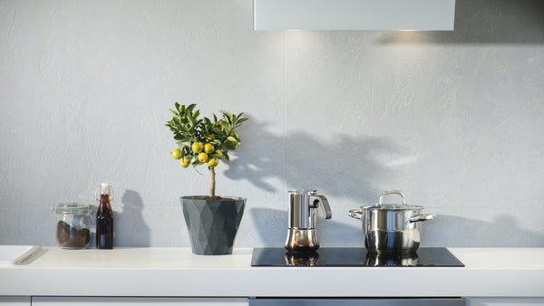 Modern kitchen with white backsplash, white countertop showing lemon fruit, stainless steel cooking pots, condiments and glass top range and hood