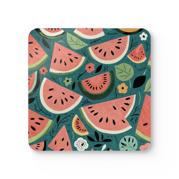 Coaster Set - Watermelon Slice Pattern on Teal Background