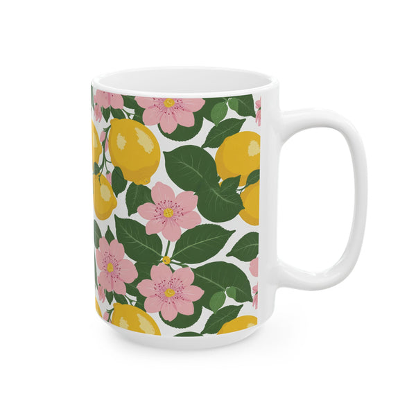 Botanical Citrus Mug (11oz, 15oz) - Yellow Lemons, Pink Blossoms, Green Leaves on White Background