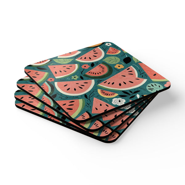 Coaster Set - Watermelon Slice Pattern on Teal Background