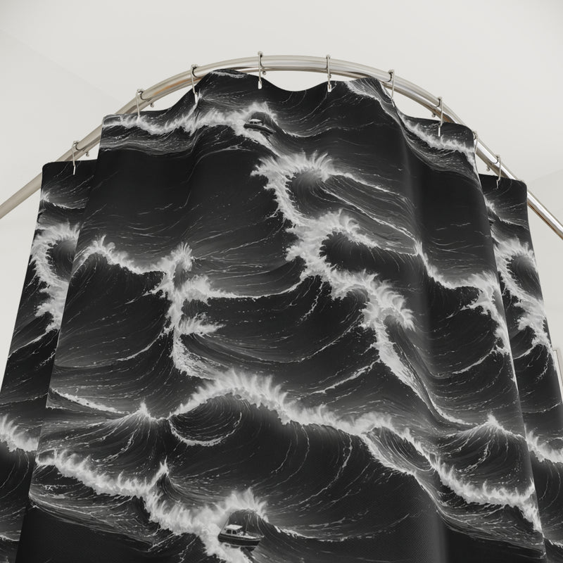 Boat Waves Shower Curtain - Dramatic Black and White Nautical Bathroom Decor