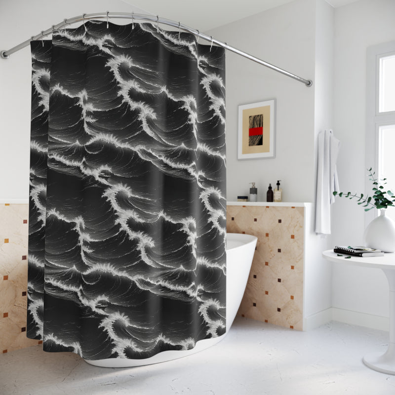 Boat Waves Shower Curtain - Dramatic Black and White Nautical Bathroom Decor