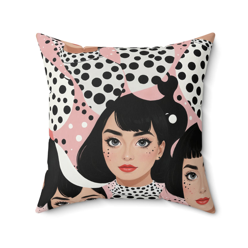 Square Pillow Polka Dot Female Portrait Pop-Art Design