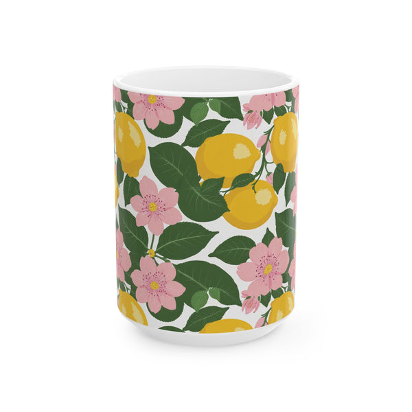 Botanical Citrus Mug (11oz, 15oz) - Yellow Lemons, Pink Blossoms, Green Leaves on White Background