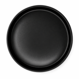 Top view of a matte black round decorative tray on a clean background, minimalist modern home decor accessory