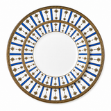 Top view of elegant porcelain dinner plate with blue stripe accents and gold star pattern border, classic decorative tableware design with intricate detailing
