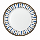 Porcelain dinner plate with blue stripes and gold star pattern isolated on a white background, elegant decorative tableware design