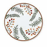 Top view of ceramic plate with green leaf and orange berry botanical pattern, minimalist decorative dinnerware on white background