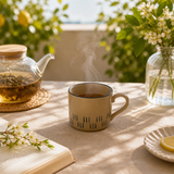 Steaming mug on a table with a teapot, book, and flowers in the background