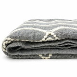 Close up of folded gray textured throw blanket with woven pattern and cream detailing on a neutral background
