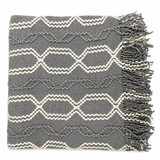 Flat lay of gray textured throw blanket with geometric pattern and tassel fringe on a neutral background