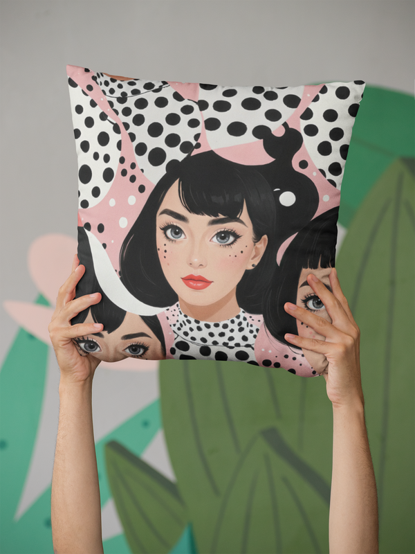 Square Pillow Polka Dot Female Portrait Pop-Art Design