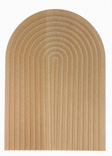 Modern decorative wooden tray with carved arched groove pattern, natural wood coffee table décor for minimalist, contemporary, and boho interior styling.