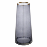 Smoky gray glass vase with gold rim in a tall tapered silhouette isolated on a white background, perfect for modern minimalist home decor