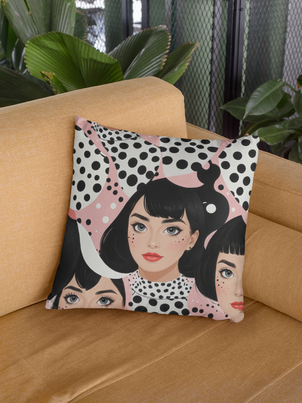 Square Pillow Polka Dot Female Portrait Pop-Art Design