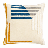Front view of textured geometric throw pillow with blue, gray, and mustard accents on a neutral fabric background