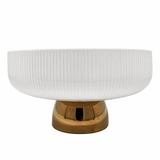 White ceramic pedestal bowl with fluted texture and gold base, modern decorative centerpiece for coffee table or console styling