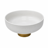 White fluted ceramic bowl with gold base, modern decorative centerpiece bowl for coffee table, dining table, or console styling