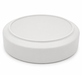 Angled view of a matte white round decorative tray on a clean background, modern minimalist home decor accessory